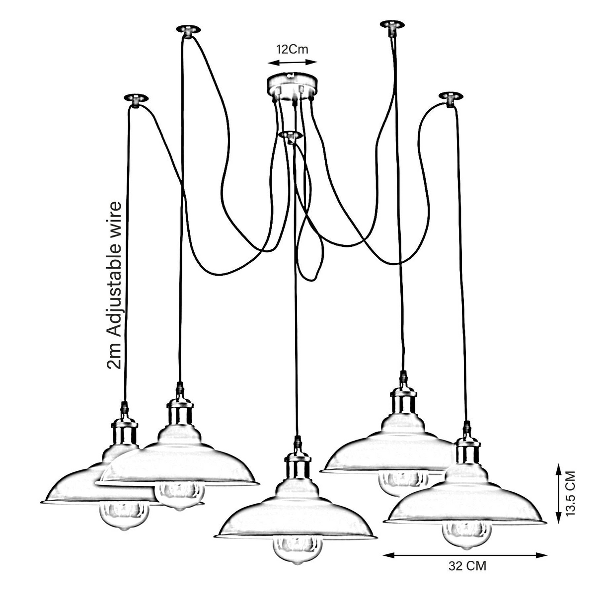 Vintage 5 Way Chandelier Spider Ceiling Fixture Metal Curvy Shade~3399