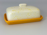 Butter Dish with White Lid Yellow Spots