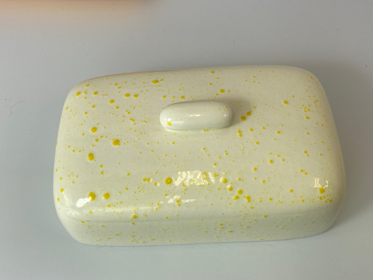 Butter Dish with White Lid Yellow Spots