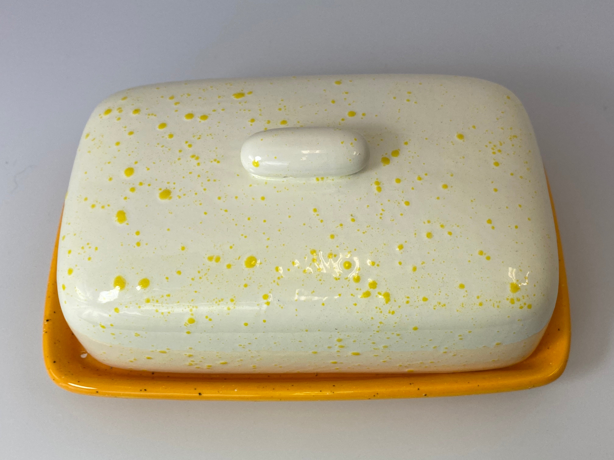 Butter Dish with White Lid Yellow Spots