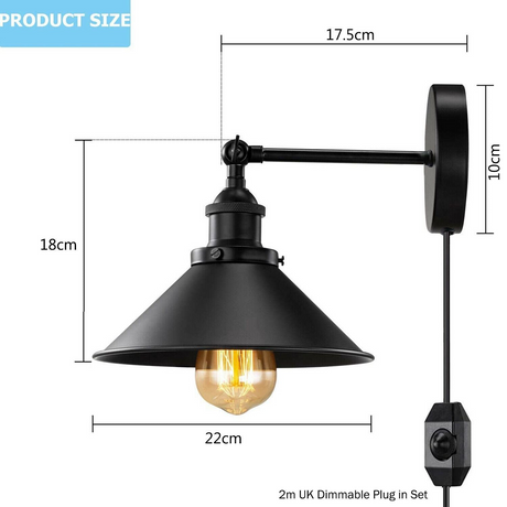 Black Plugin Wall Fitting Cone Metal Shade~1217