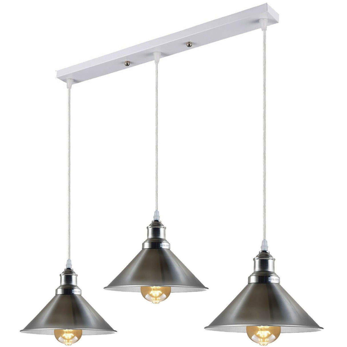 Modern Industrial Satin Nickel Indoor Hanging 3 Way Ceiling Pendant Light Metal Cone Shape Shade For Bar, Bedroom, Dining Room~1178