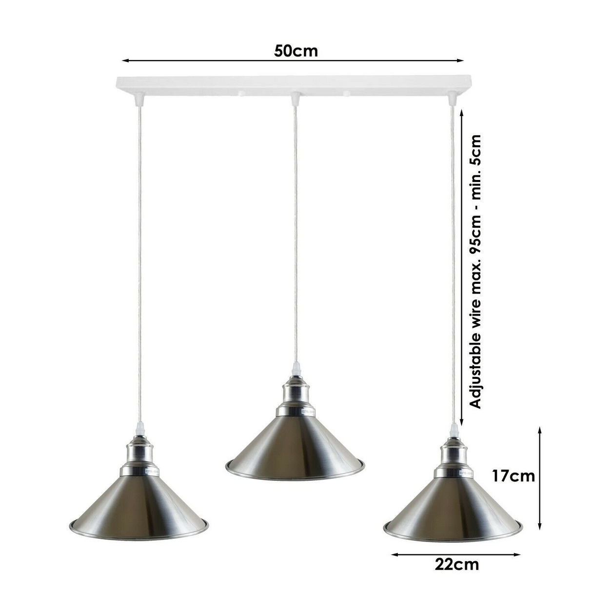 Modern Industrial Satin Nickel Indoor Hanging 3 Way Ceiling Pendant Light Metal Cone Shape Shade For Bar, Bedroom, Dining Room~1178