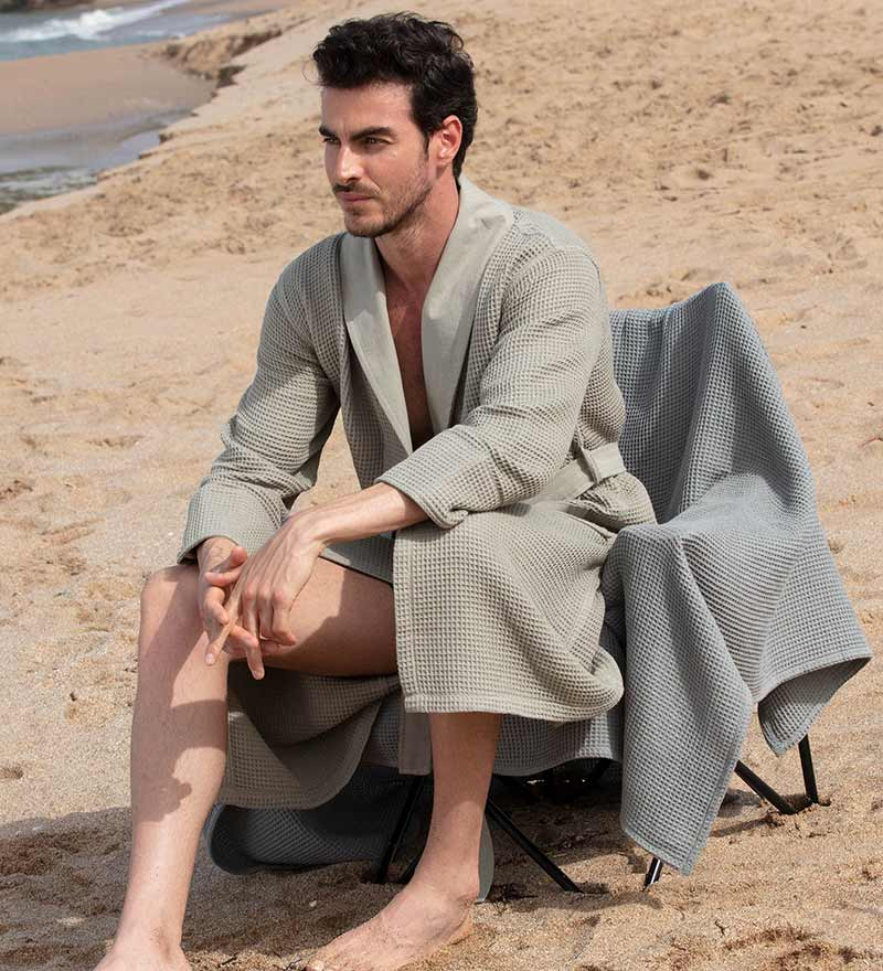 Men's Full Length Lightweight Waffle Spa Robe with Shawl Collar