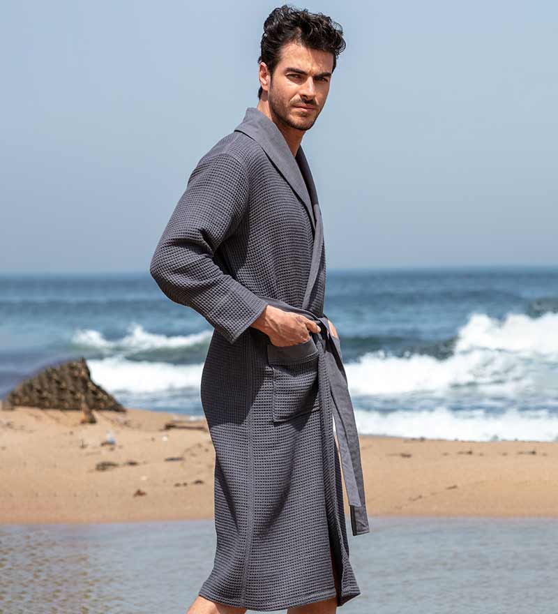 Men's Full Length Lightweight Waffle Spa Robe with Shawl Collar