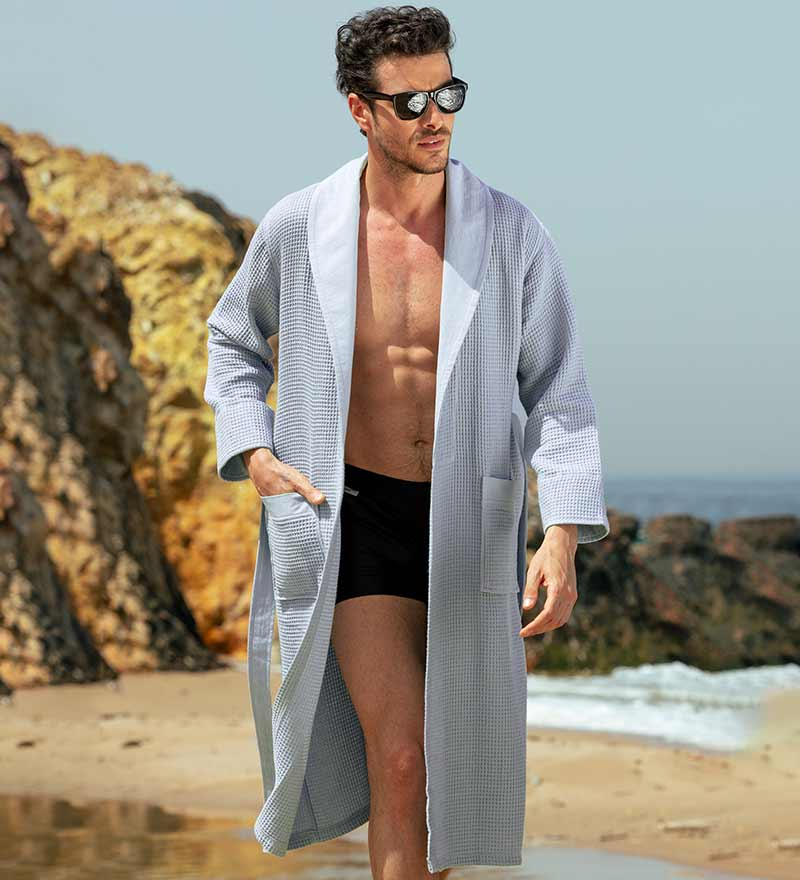 Men's Full Length Lightweight Waffle Spa Robe with Shawl Collar