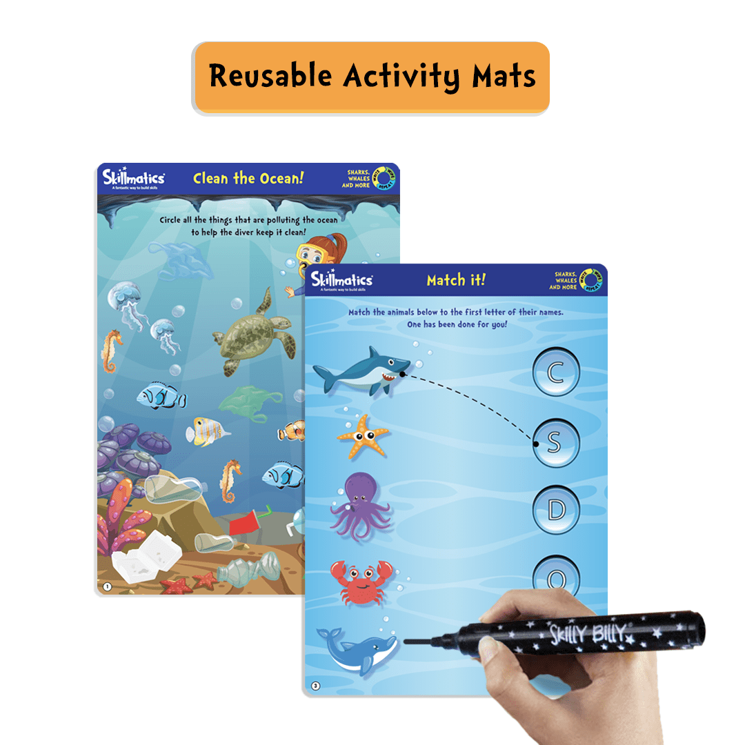 Skillmatics Educational Game Sharks, Whales & More | Gift, Travel Toy & Learning Tool for Kids Ages 3-6, Reusable Activity Mats with Dry Erase Marker