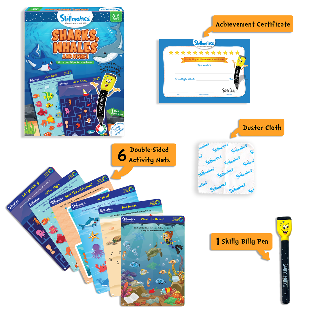 Skillmatics Educational Game Sharks, Whales & More | Gift, Travel Toy & Learning Tool for Kids Ages 3-6, Reusable Activity Mats with Dry Erase Marker