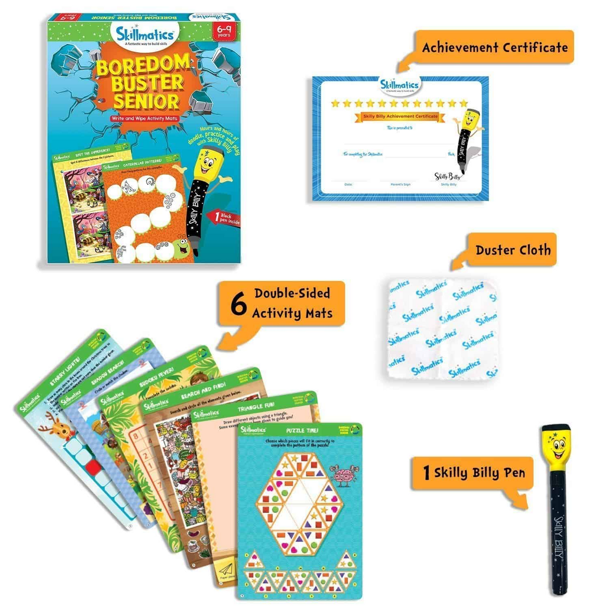 Boredom Buster Senior - Solve Puzzles and Math Challenges - Write and Wipe Activity Game For Kids Aged 6+ Years