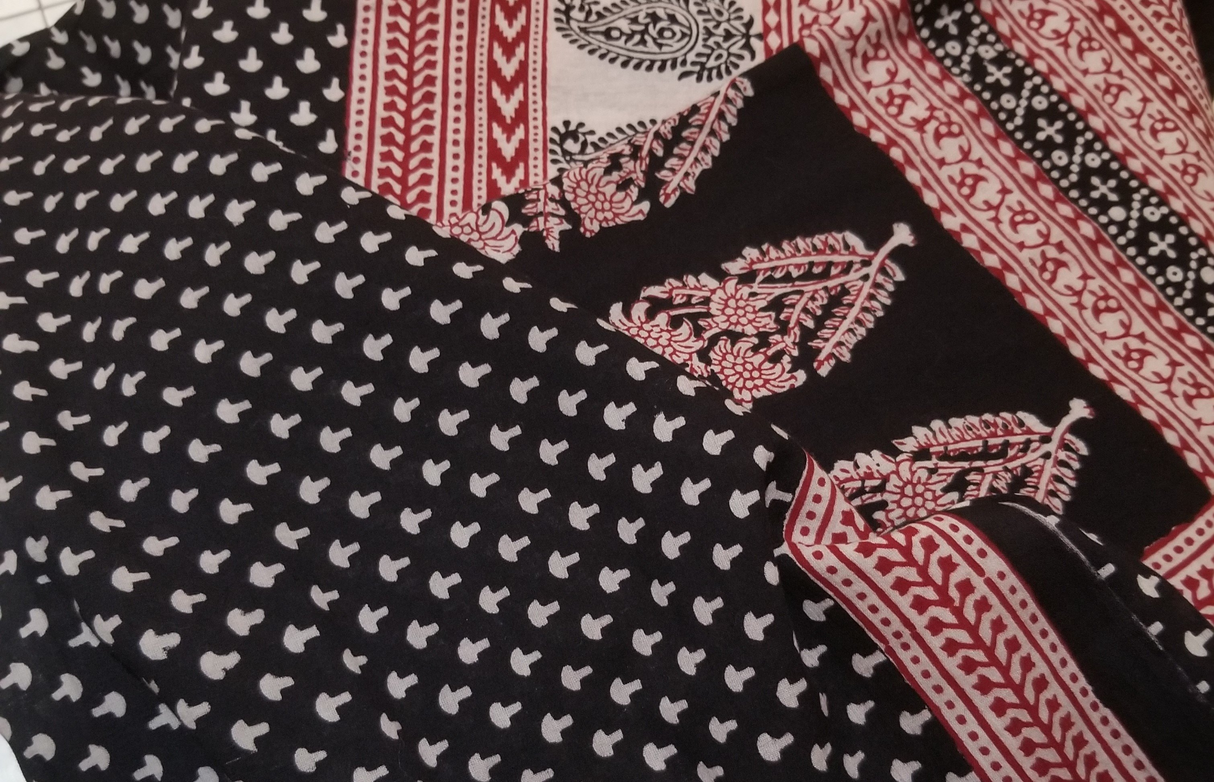 Red and Black Paisely Design Hand Block Printed Naturally Dyed Textiles