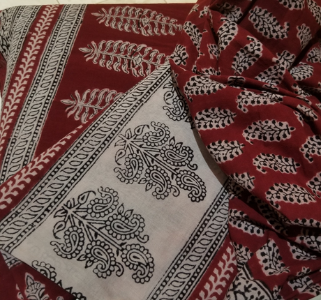 Red and Black Paisely Design Hand Block Printed Naturally Dyed Textiles