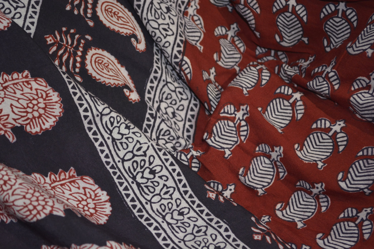 Red and Black Paisely Design Hand Block Printed Naturally Dyed Textiles