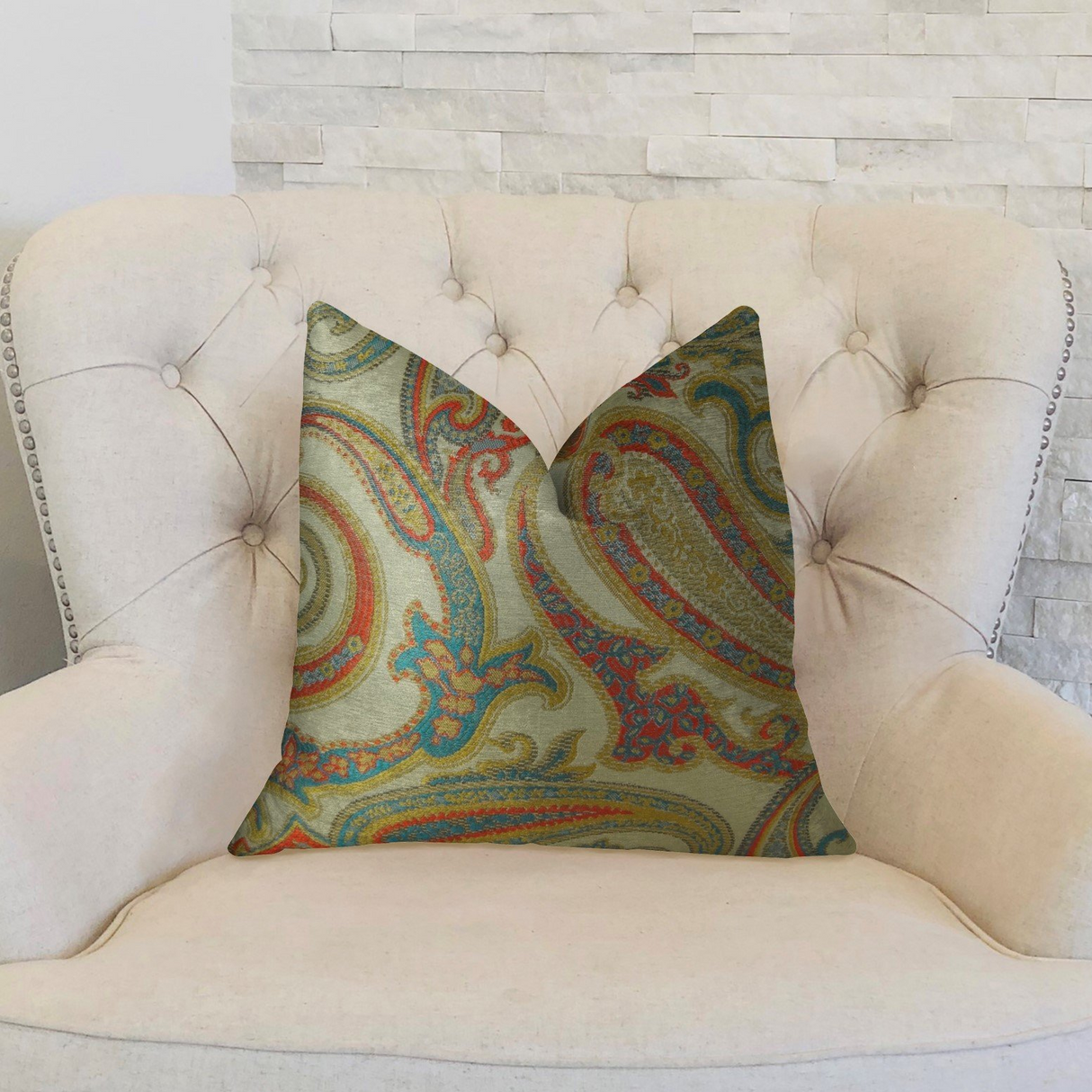 Paisley Bay Cream Red and Blue Handmade Luxury Pillow