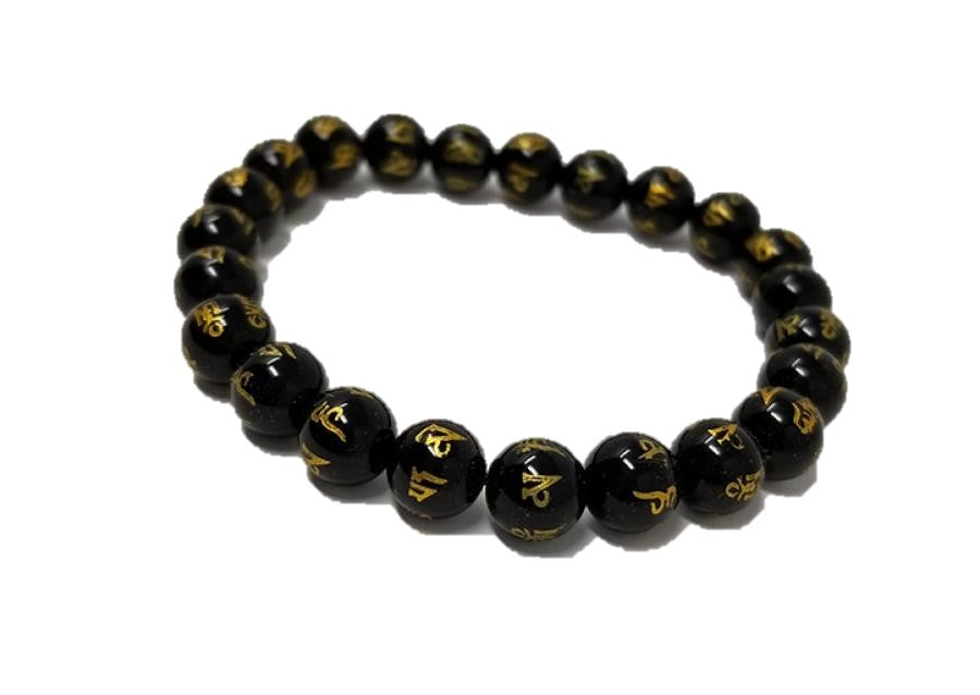 OM Mani Padme Hum gold tone engraved on Black Onyx Bracelet