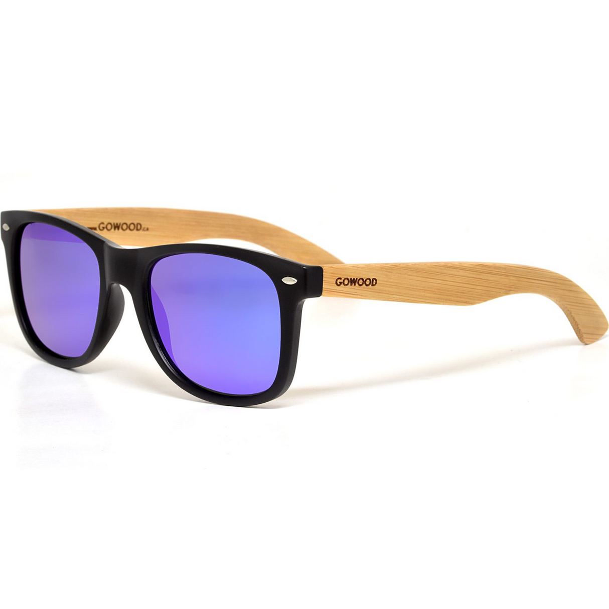 Bamboo wood classic style sunglasses with blue mirrored polarized lenses