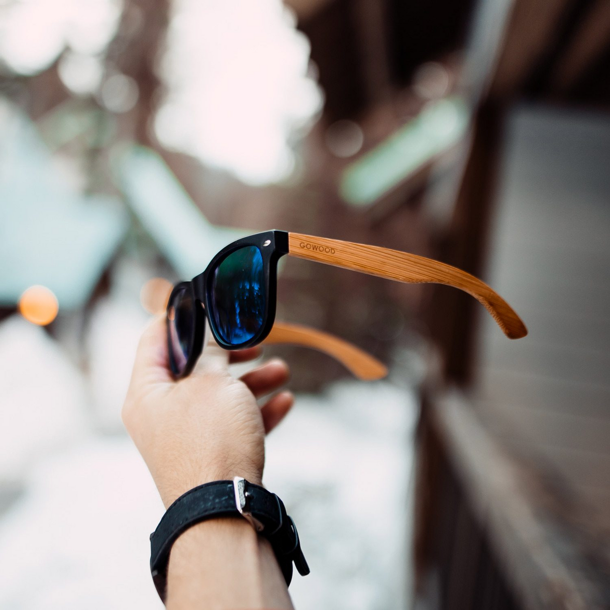 Bamboo wood classic style sunglasses with blue mirrored polarized lenses