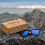 Bamboo wood classic style sunglasses with blue mirrored polarized lenses