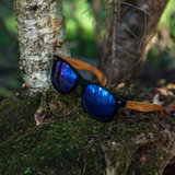 Bamboo wood classic style sunglasses with blue mirrored polarized lenses