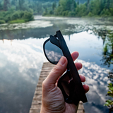 Ebony wood classic style sunglasses with blue mirrored polarized lenses