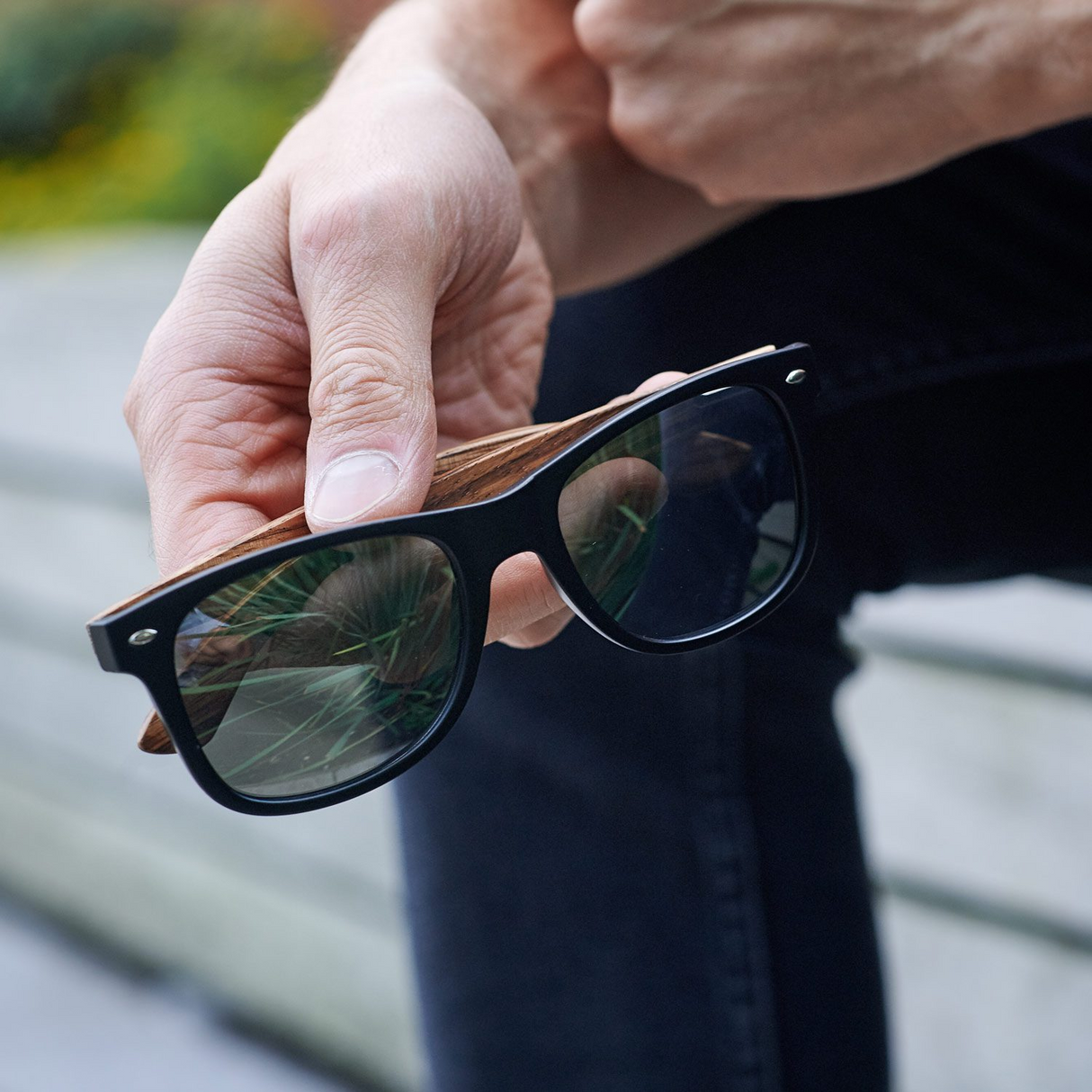 Zebra wood classic style sunglasses with black polarized lenses