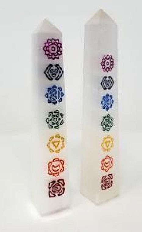 Selenite Obelisk 7 Chakra Colorful phantom/ Tower shaped healing wand 6-7" (2 Pc)