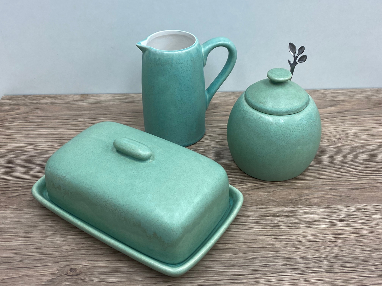 Butter Dish, Sugar Bowl and Cream Jug Set - Cornish Copper Glaze