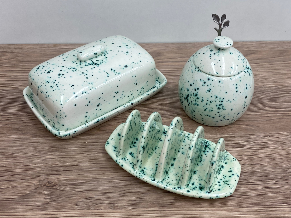 Butter Dish, Sugar Bowl and Toast Rack set Speckled Green