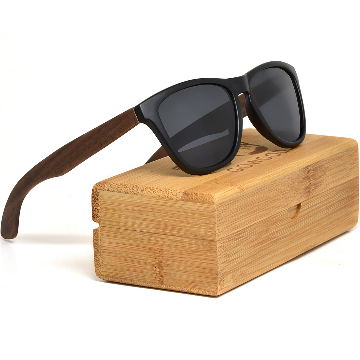 Classic walnut wood sunglasses with black polarized lenses