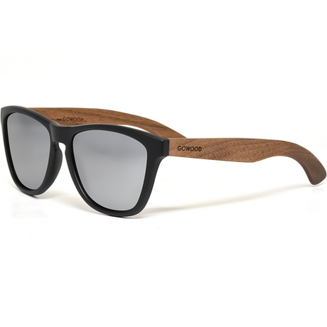 Classic walnut wood sunglasses with silver mirrored polarized lenses