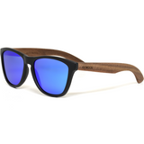 Classic walnut wood sunglasses with blue mirrored polarized lenses