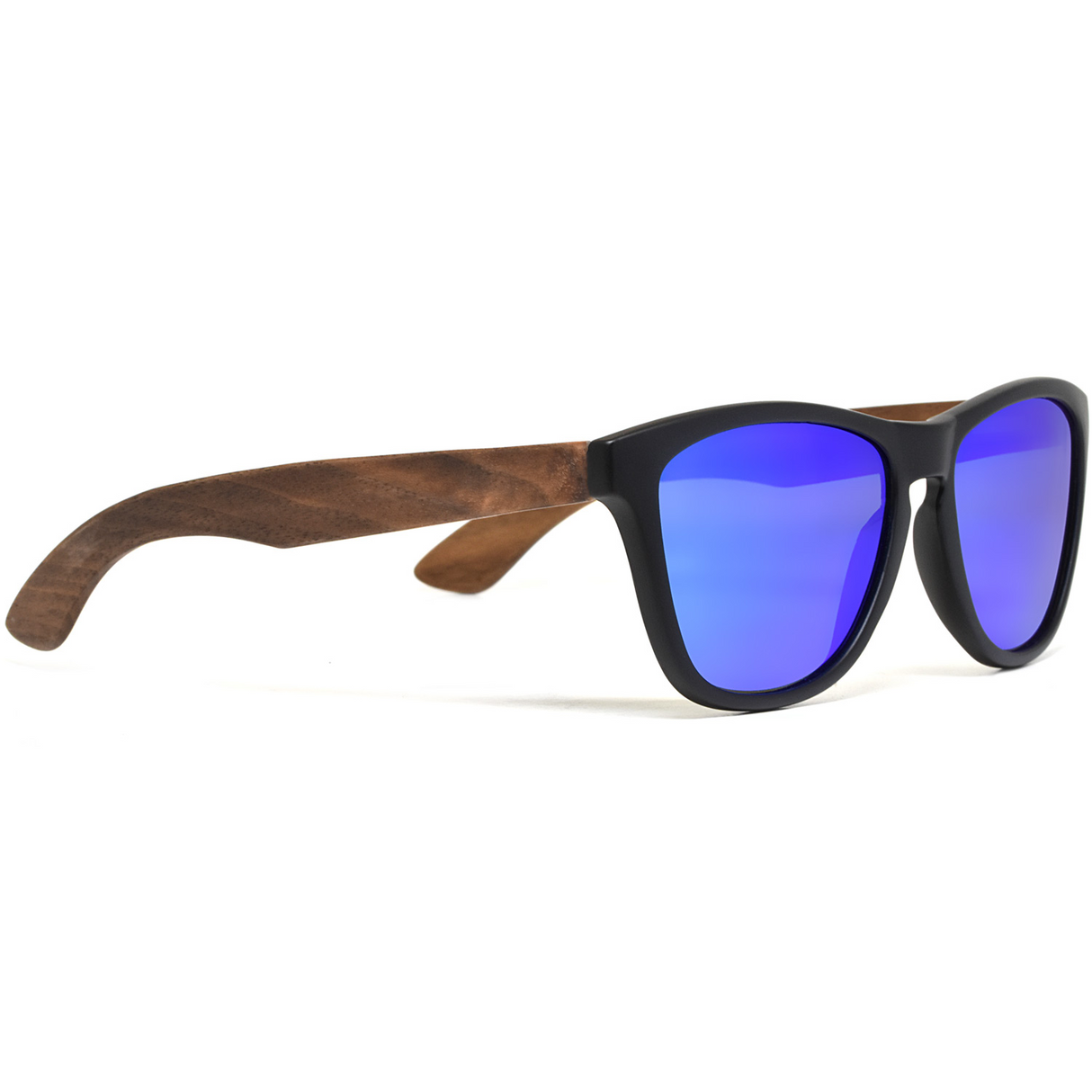 Classic walnut wood sunglasses with blue mirrored polarized lenses