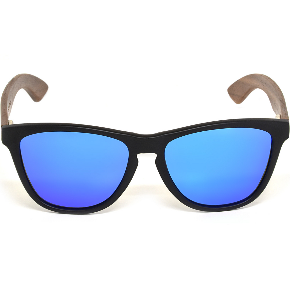 Classic walnut wood sunglasses with blue mirrored polarized lenses