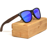 Classic walnut wood sunglasses with blue mirrored polarized lenses