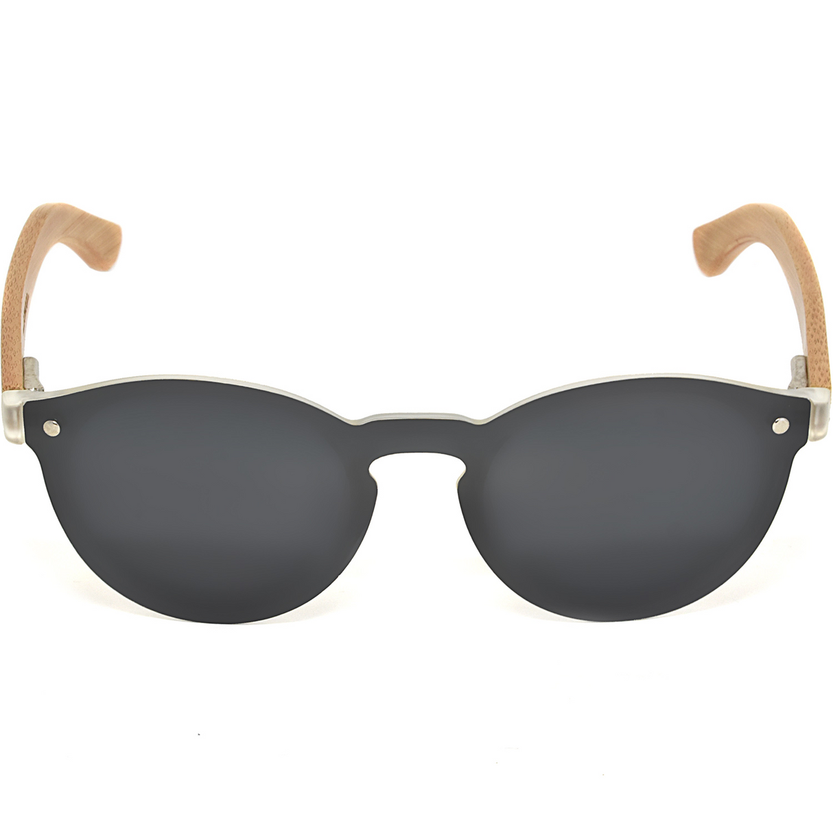 Round bamboo wood sunglasses with special one piece polarized dark grey lens