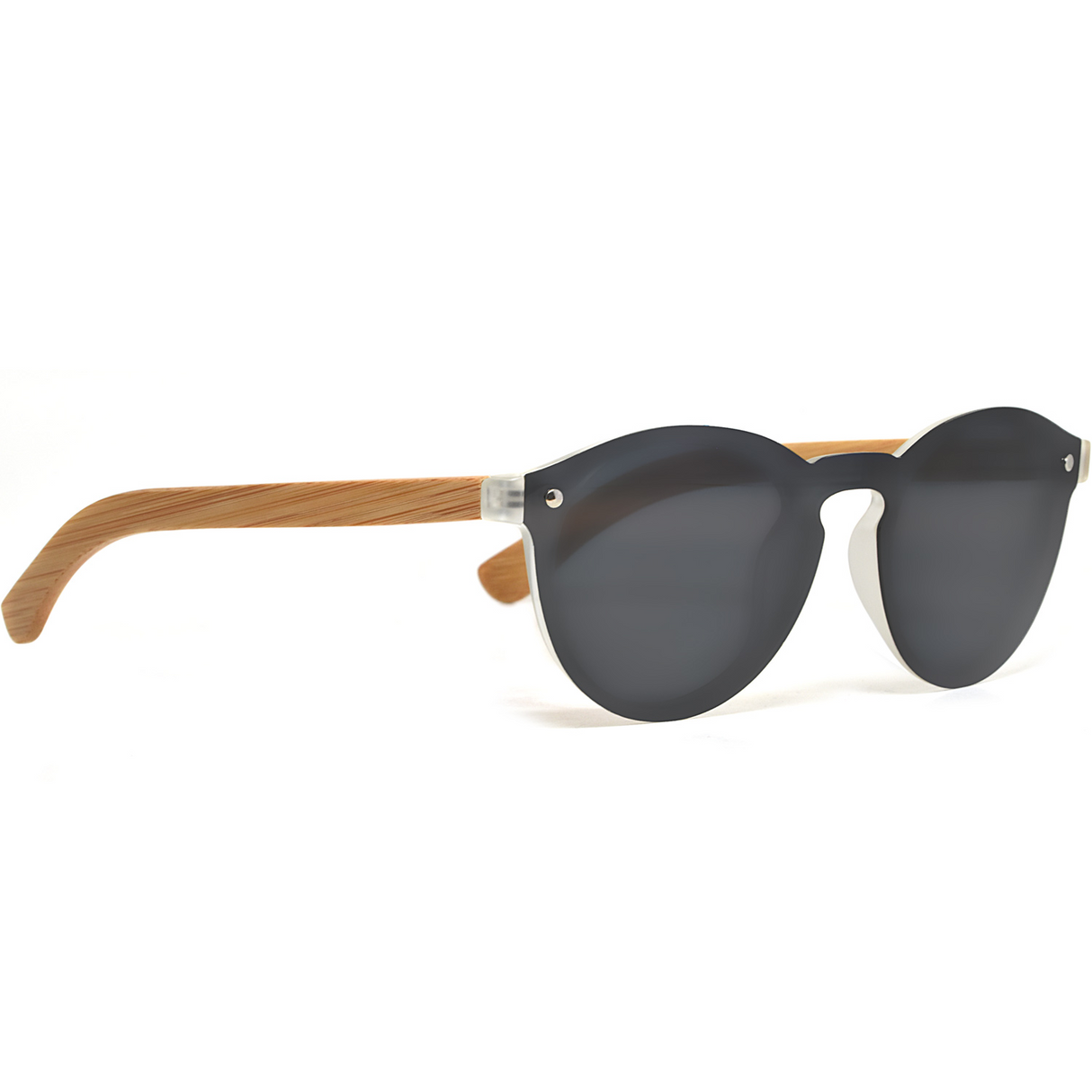 Round bamboo wood sunglasses with special one piece polarized dark grey lens