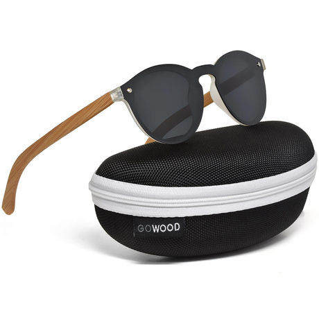 Round bamboo wood sunglasses with special one piece polarized dark grey lens