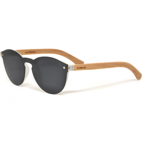 Round bamboo wood sunglasses with special one piece polarized dark grey lens