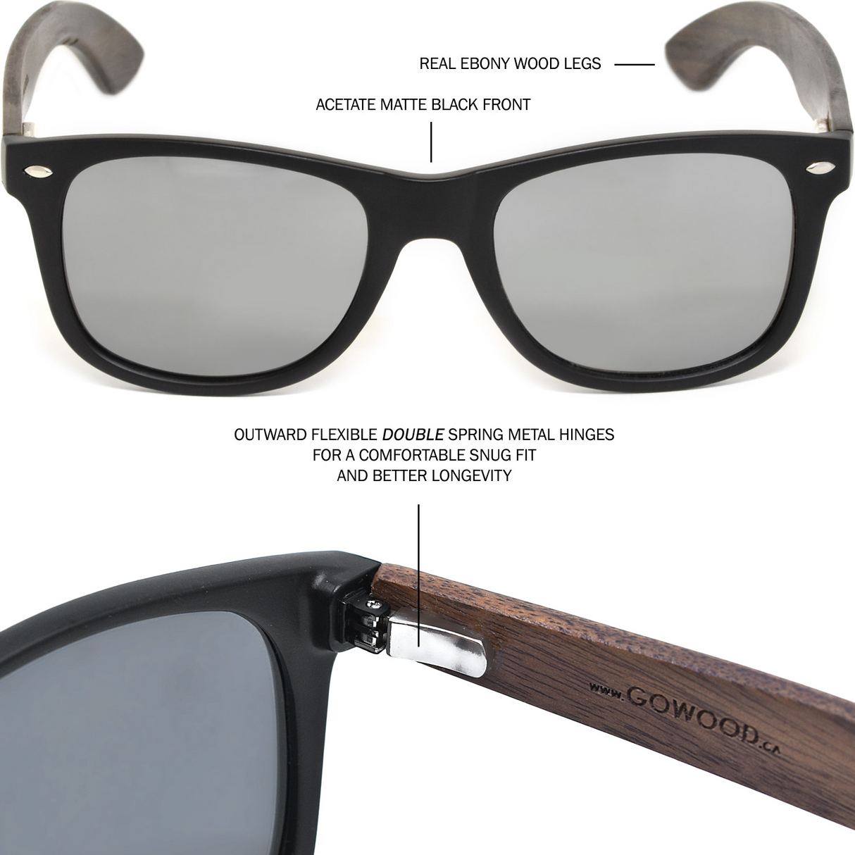 Ebony wood classic style sunglasses with silver mirrored polarized lenses