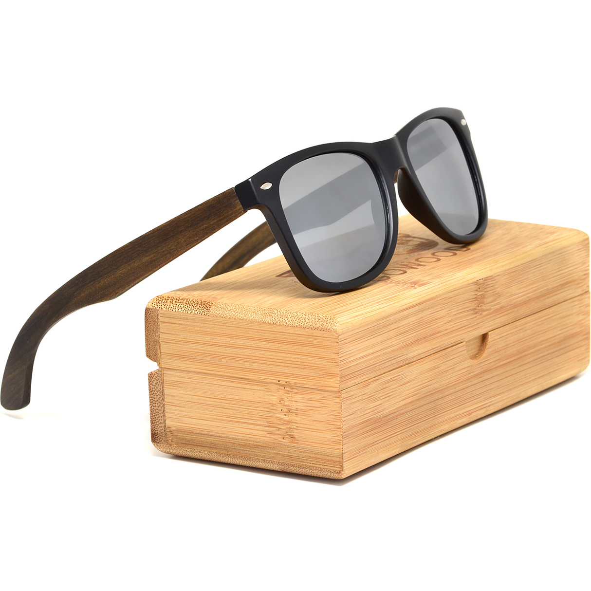 Ebony wood classic style sunglasses with silver mirrored polarized lenses