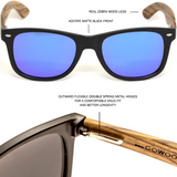 Zebra wood classic style sunglasses with blue mirrored polarized lenses