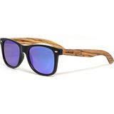 Zebra wood classic style sunglasses with blue mirrored polarized lenses