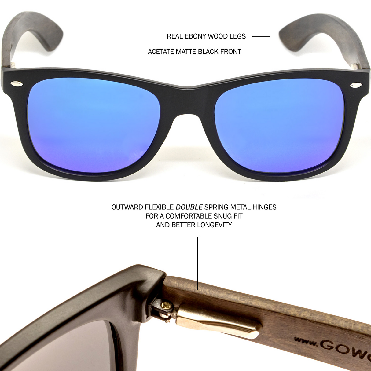 Ebony wood classic style sunglasses with blue mirrored polarized lenses