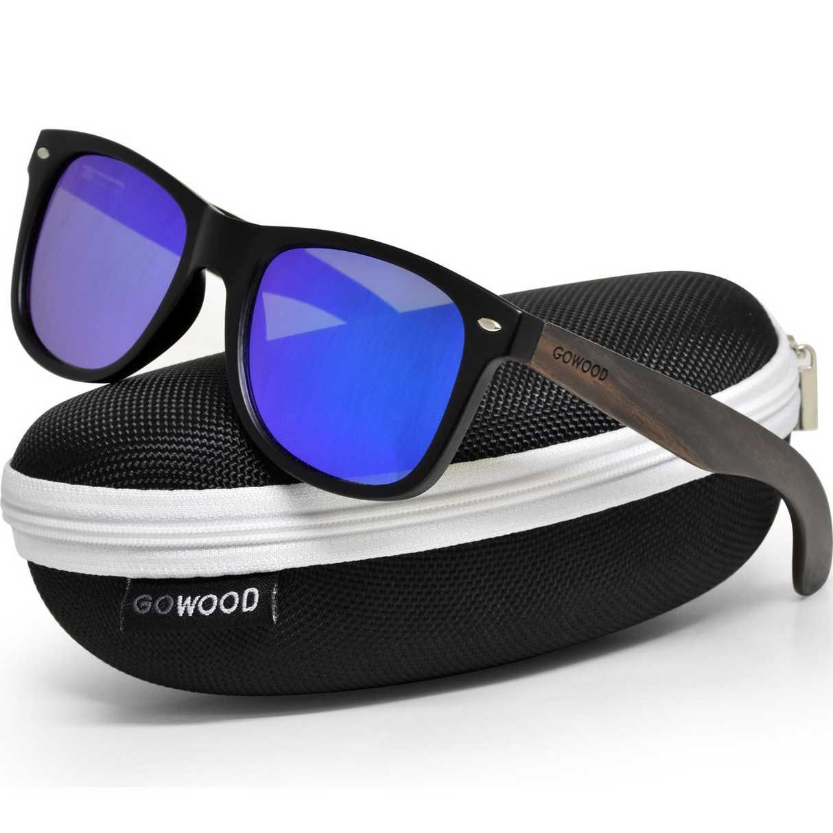 Ebony wood classic style sunglasses with blue mirrored polarized lenses