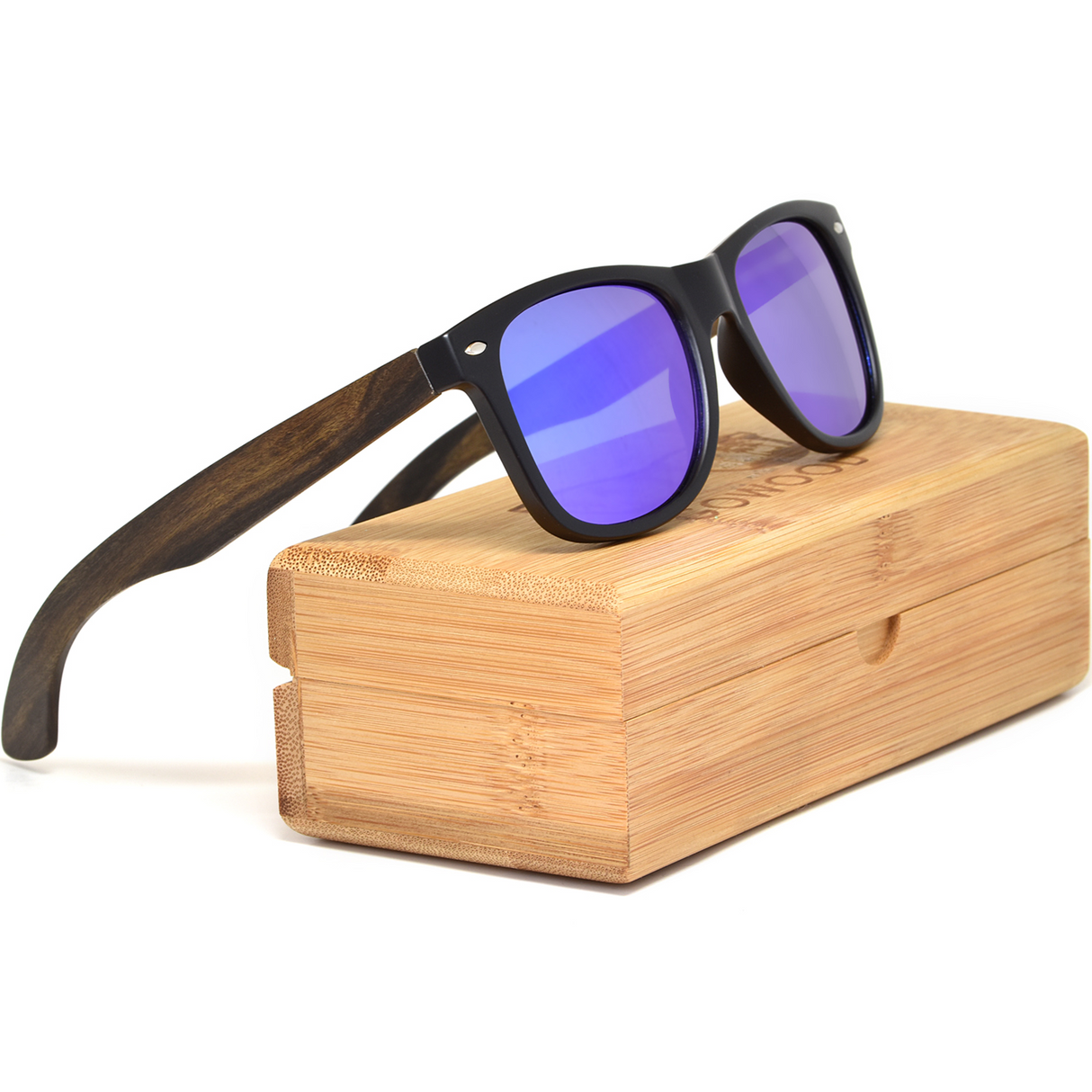 Ebony wood classic style sunglasses with blue mirrored polarized lenses