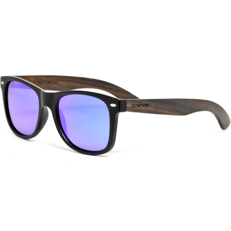 Ebony wood classic style sunglasses with blue mirrored polarized lenses