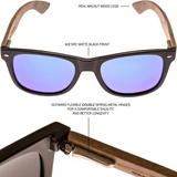 Walnut wood classic style sunglasses with blue mirrored polarized lenses