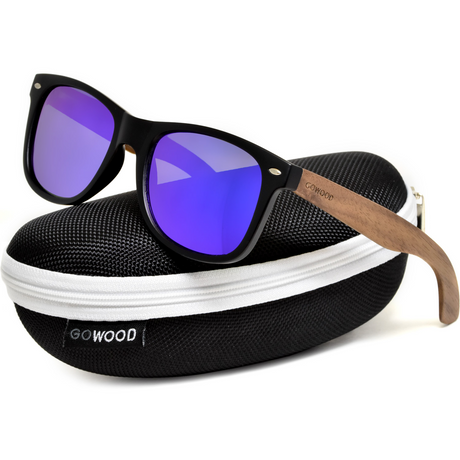 Walnut wood classic style sunglasses with blue mirrored polarized lenses