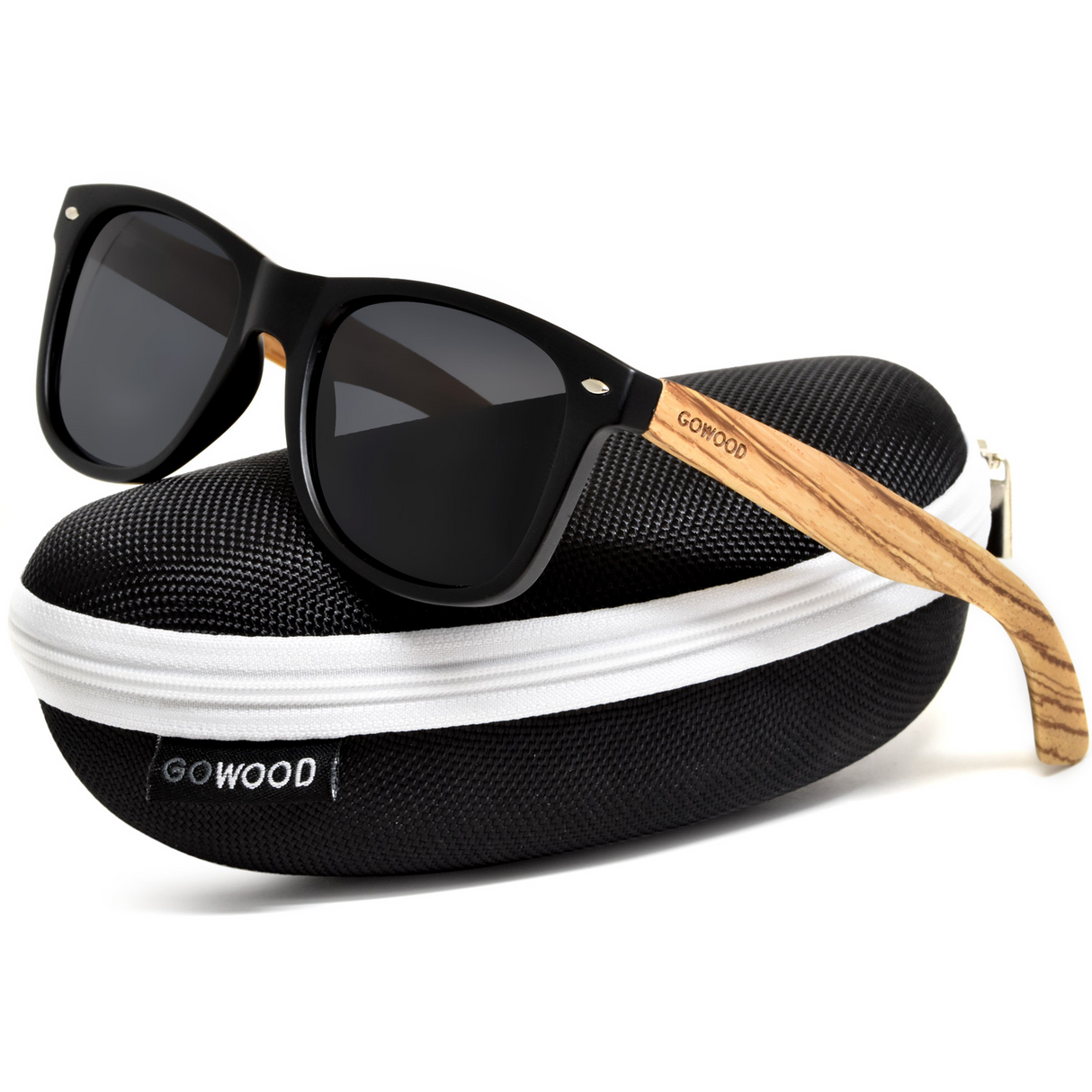 Zebra wood classic style sunglasses with black polarized lenses