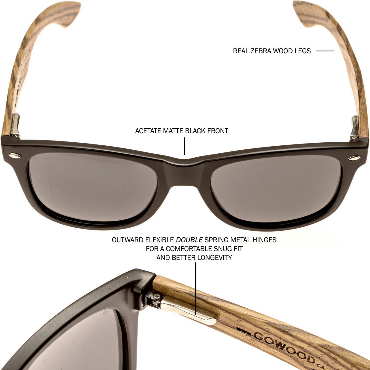 Zebra wood classic style sunglasses with black polarized lenses