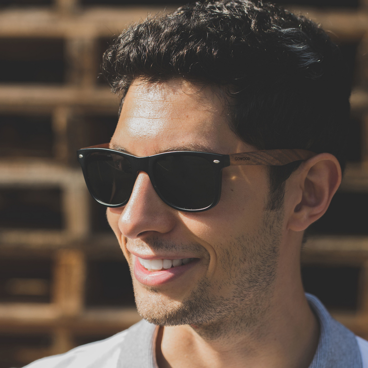 Walnut wood classic style sunglasses with black polarized lenses